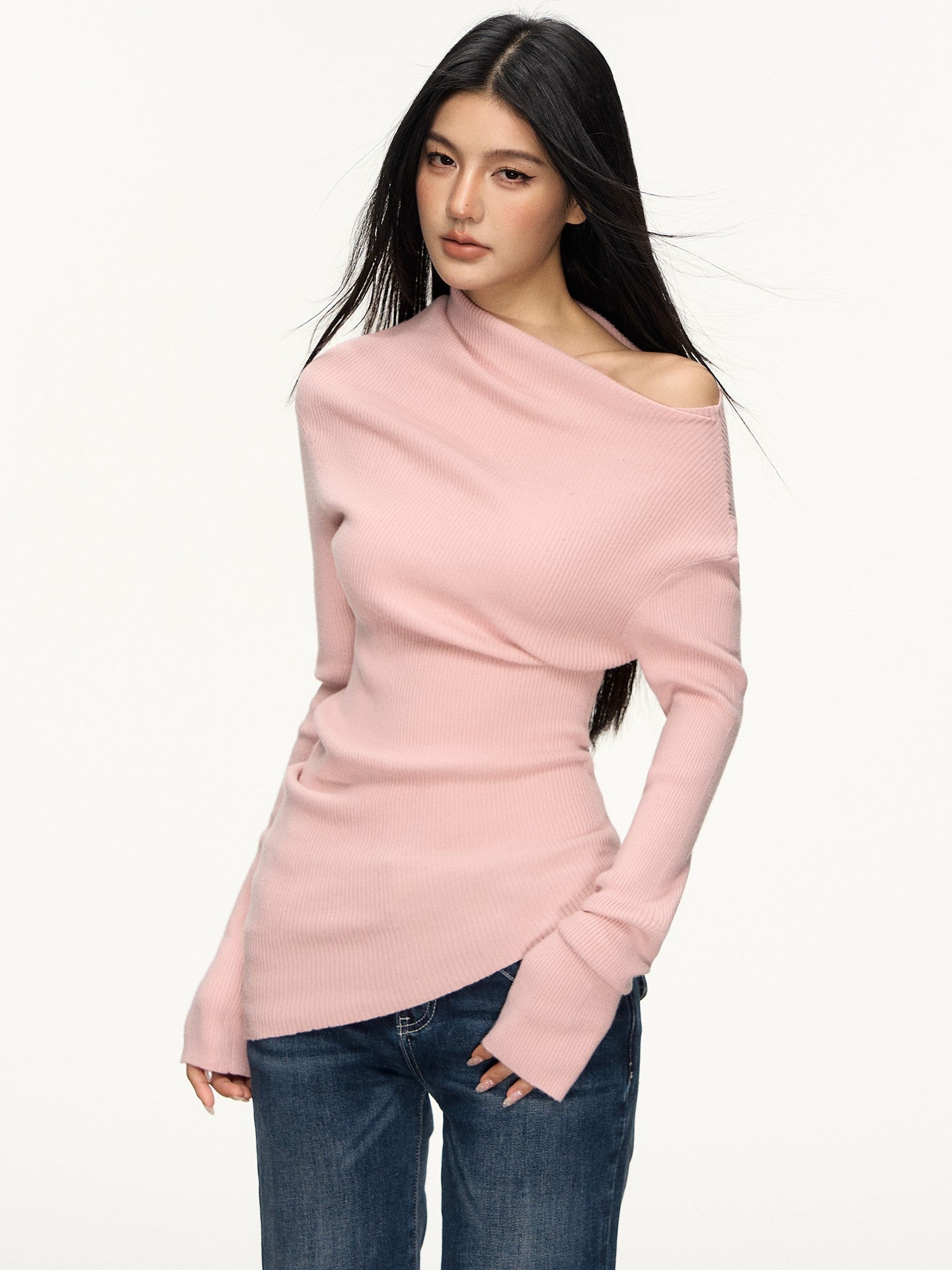 Dark Gray One-Shoulder Turtleneck Sweater