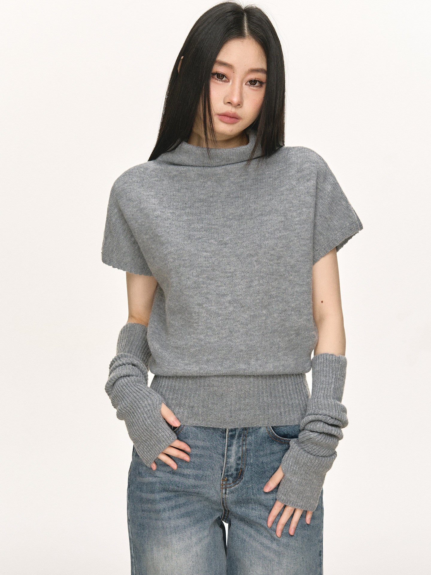 Mid-High Neck Layered Sleeve Knit Top
