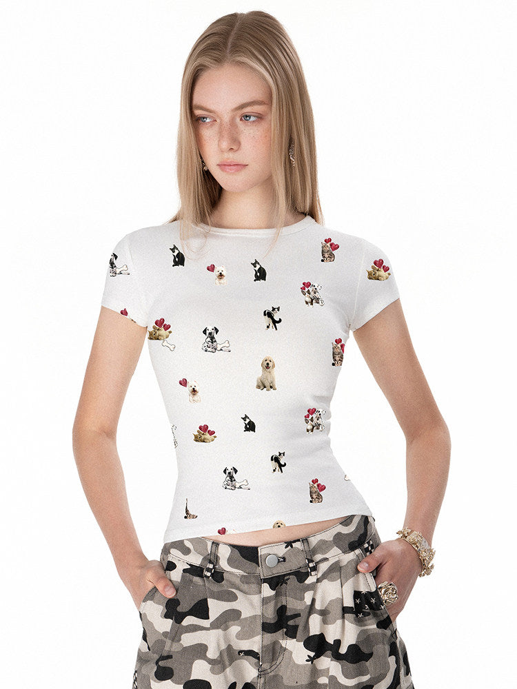 VEYBE Original American Hottie Round Neck Cat & Dog Print Short Sleeve T-Shirt Summer Cartoon Childlike Slim Top Girl