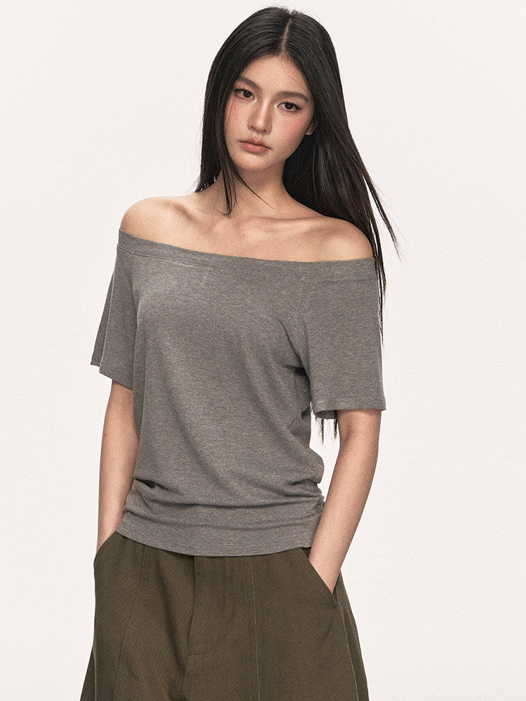 VEYBE slanted shoulders off-the-shoulder t-shirt women's loose casual simple lazy pullover one-shoulder temperament top tide