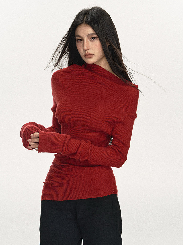 Dark Gray One-Shoulder Turtleneck Sweater
