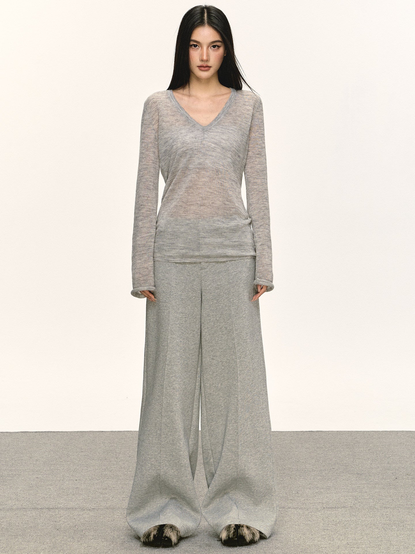Gray V-neck Alpaca Wool Top