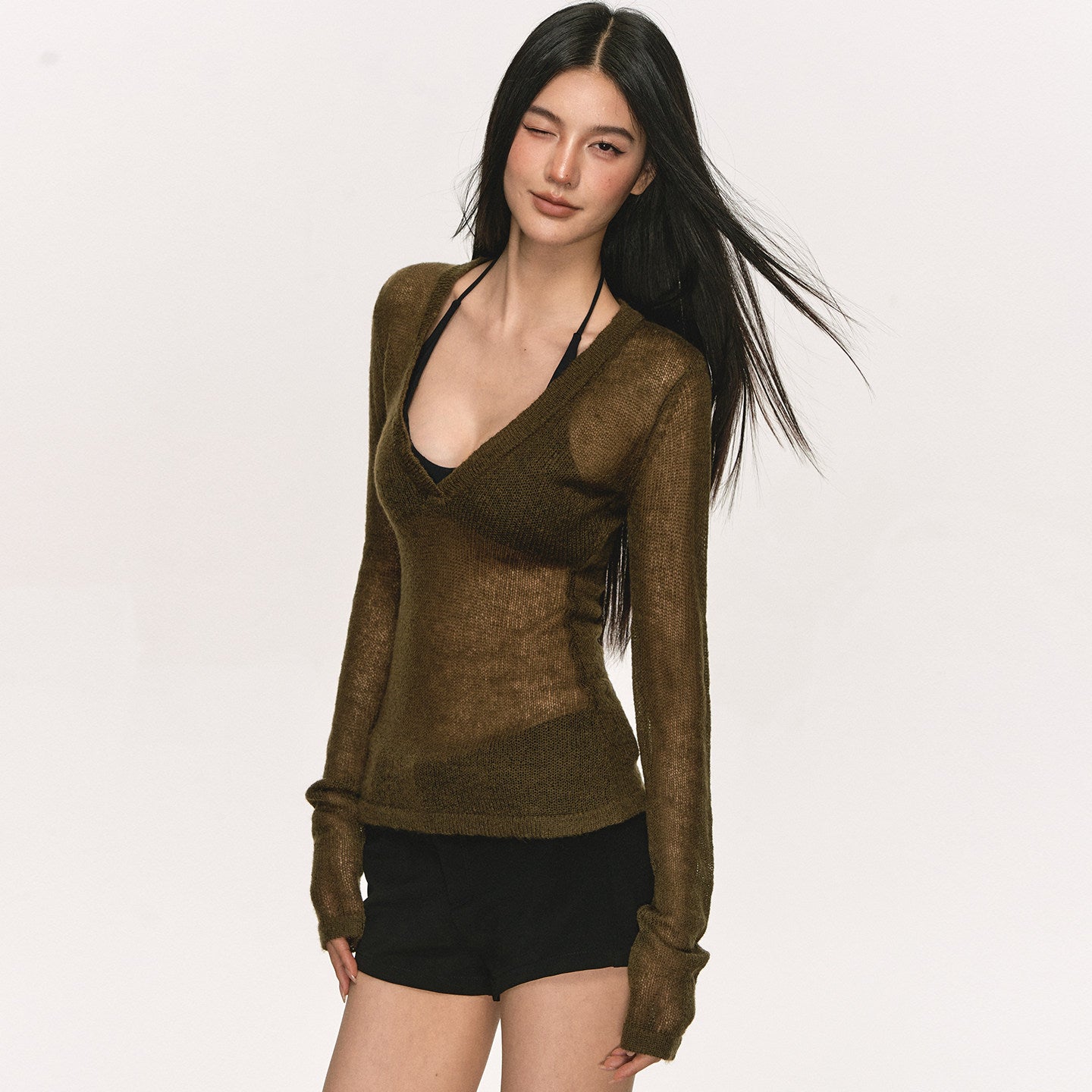 VEYBE deep V-neck knit long-sleeve cover-up top for women, summer thin slightly sheer waist-cinching slimming sun-protective top