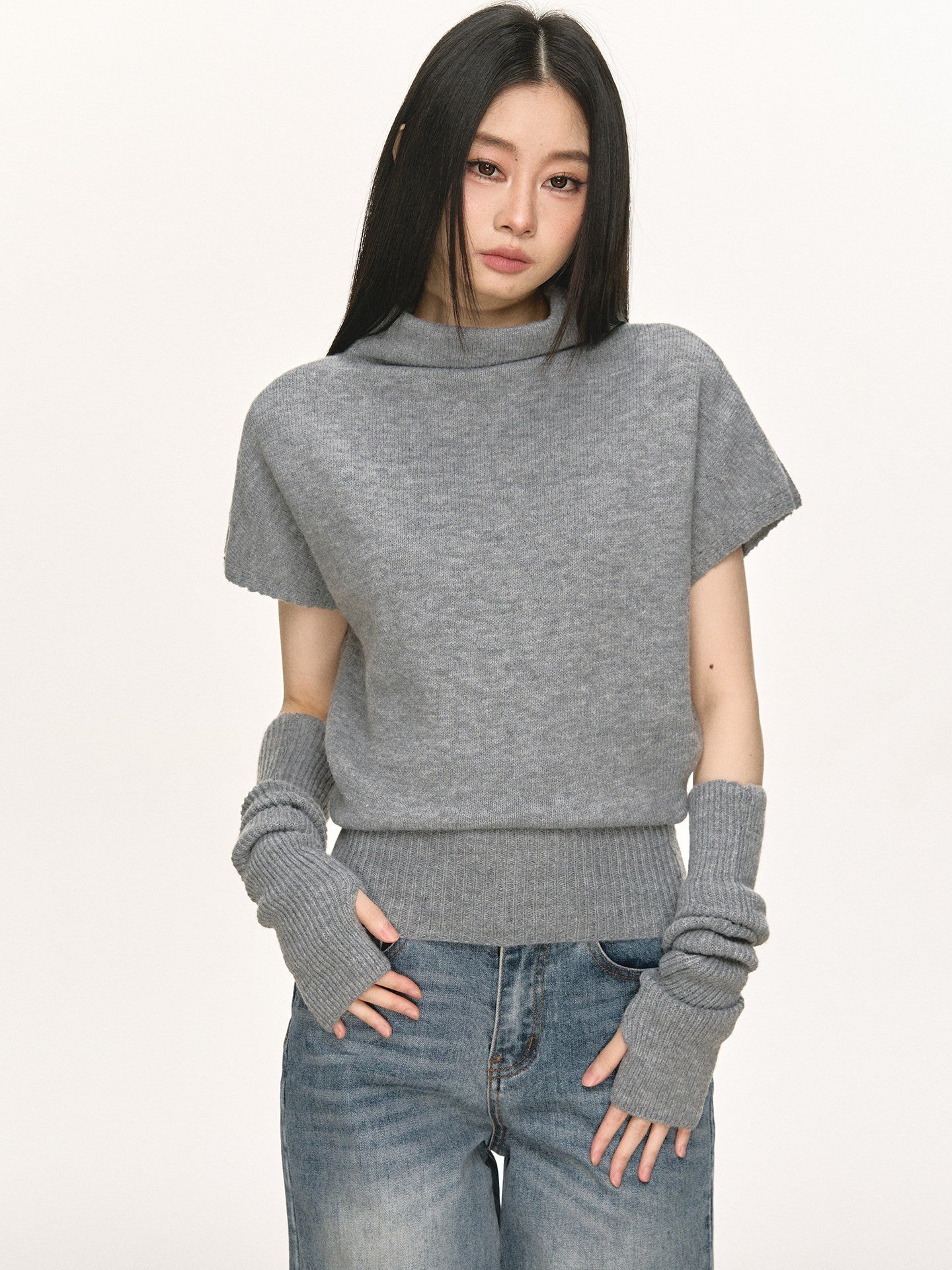 Mid-High Neck Layered Sleeve Knit Top