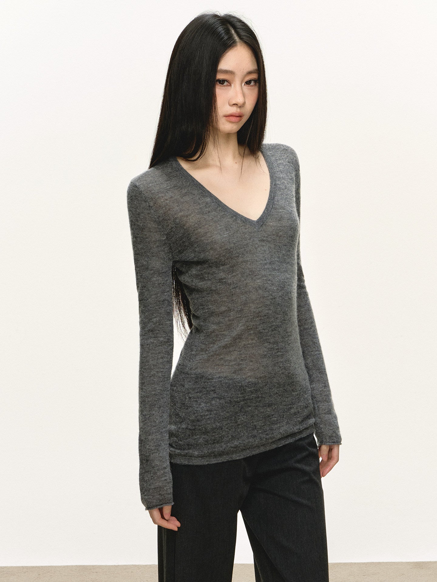 Gray V-neck Alpaca Wool Top
