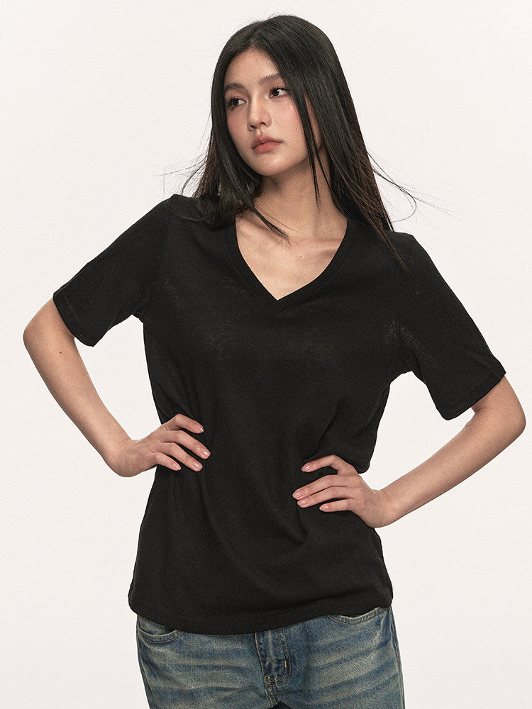 VEYBE White V-Neck Knit T-Shirt Women's Summer New Retro Temperament Short Slim Short Sleeve Top Trend