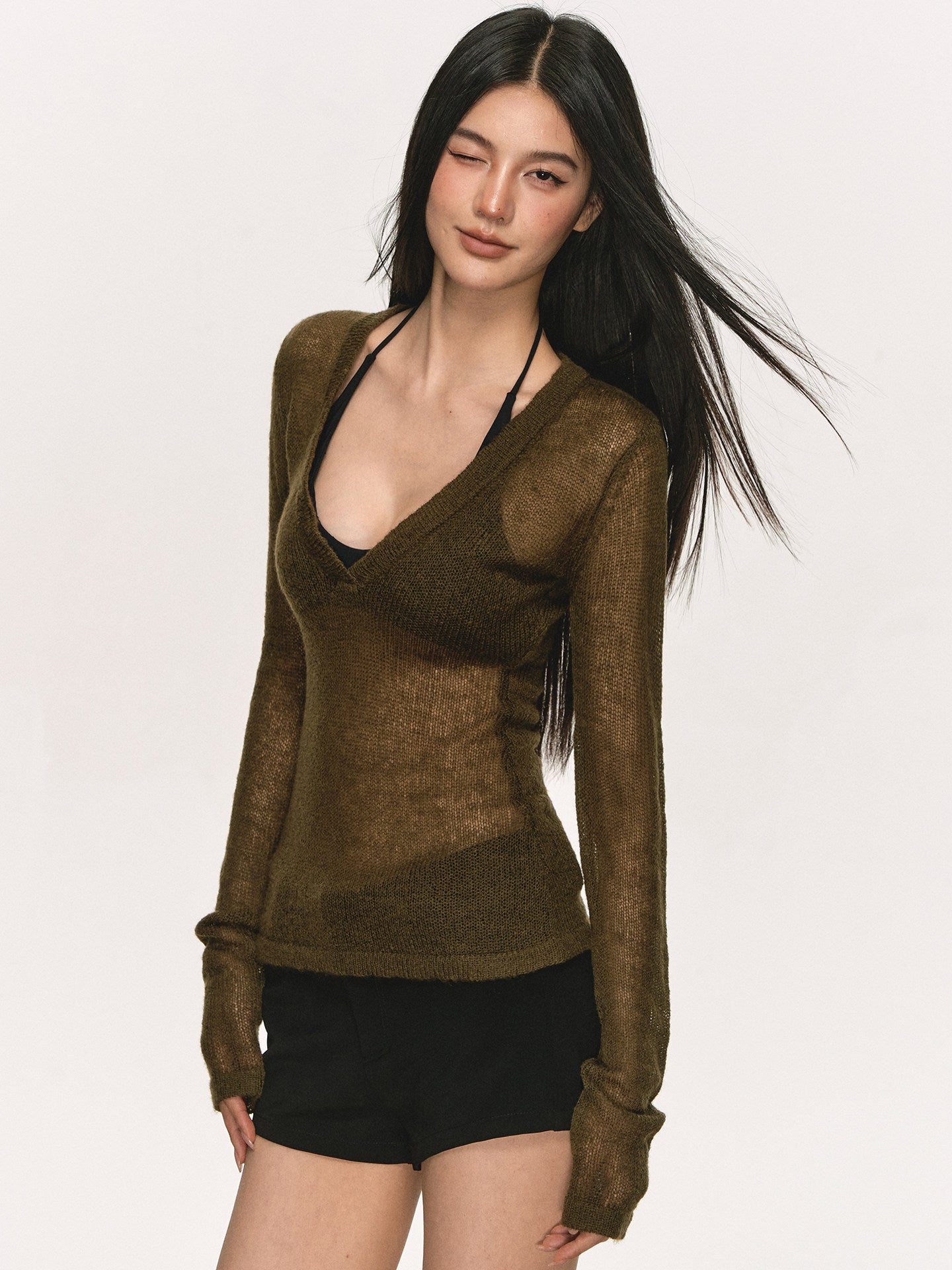 VEYBE deep V-neck knit long-sleeve cover-up top for women, summer thin slightly sheer waist-cinching slimming sun-protective top