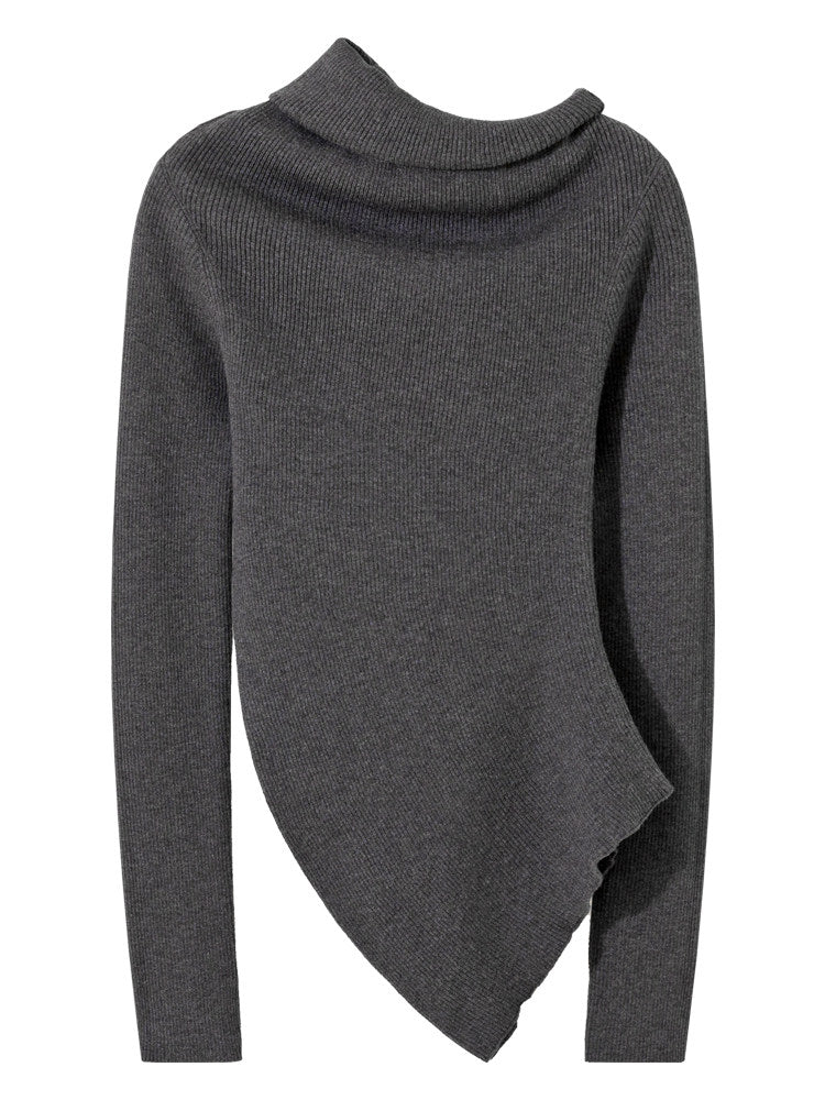 Dark Gray One-Shoulder Turtleneck Sweater