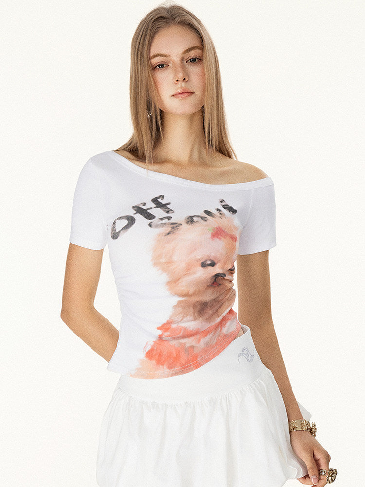 VEYBE American Babes Hand-Painted Cartoon Childlike Puppy Print Slanted Shoulder Short Sleeve T Female Summer Waist Top Tide