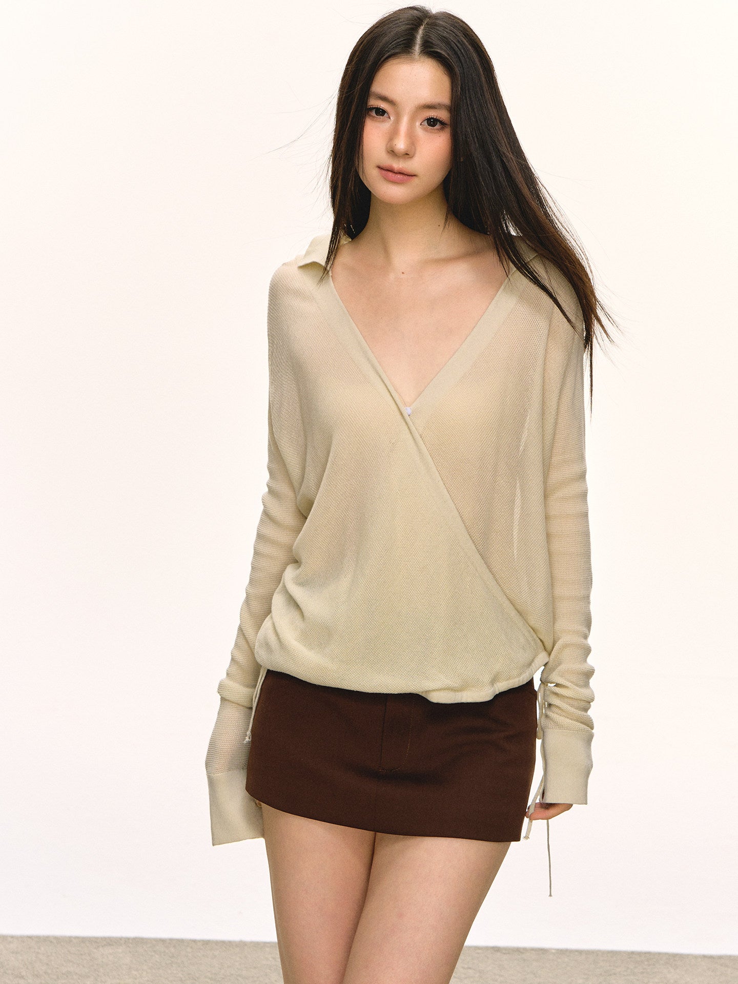Anna Aneae 100 Tencel Sun Protection Cover-Up for Women, Spring, Autumn, Hot Girl, Unique Light Yellow V-neck Long-Sleeve T-Shirt