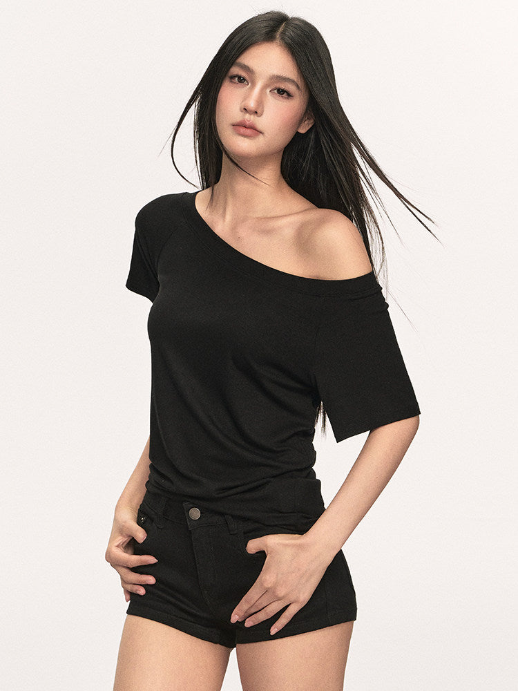 VEYBE slanted shoulders off-the-shoulder t-shirt women's loose casual simple lazy pullover one-shoulder temperament top tide