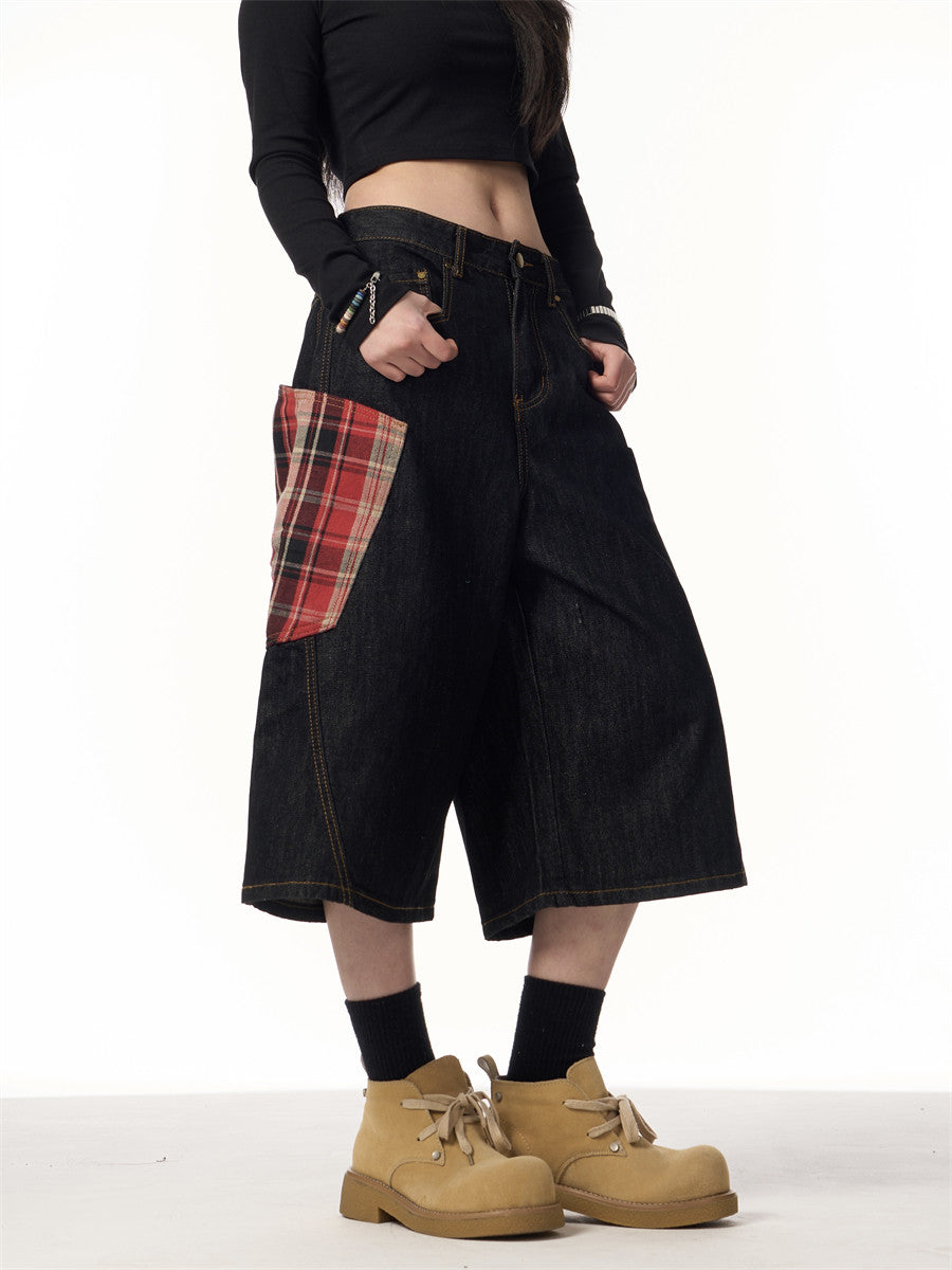 Women’s Plaid Patchwork Curved Jeans