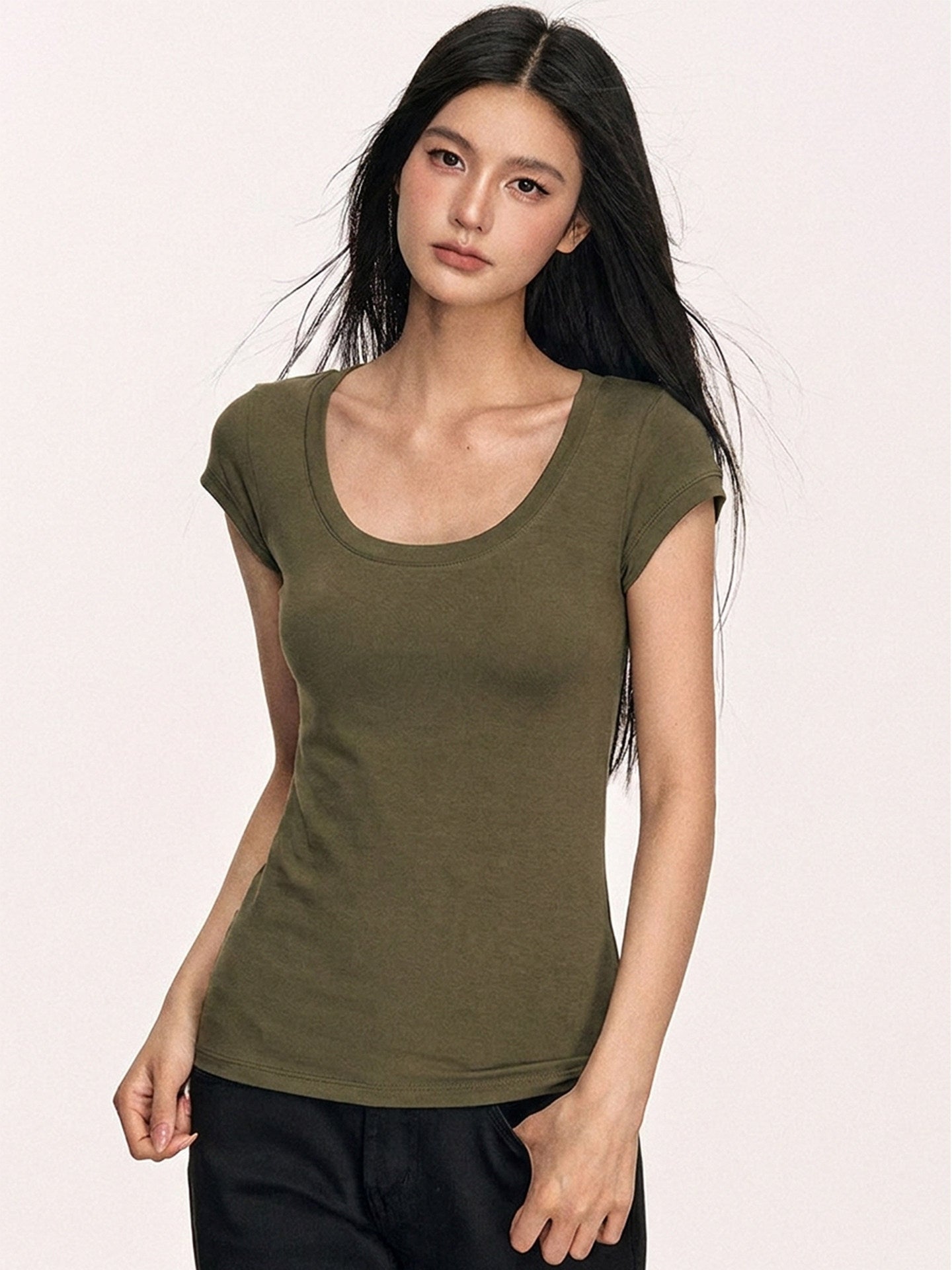 Green Tencel U-Neck Cropped T-Shirt