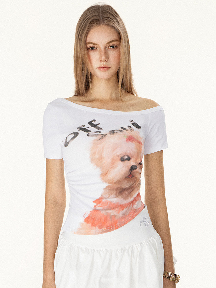 VEYBE American Babes Hand-Painted Cartoon Childlike Puppy Print Slanted Shoulder Short Sleeve T Female Summer Waist Top Tide