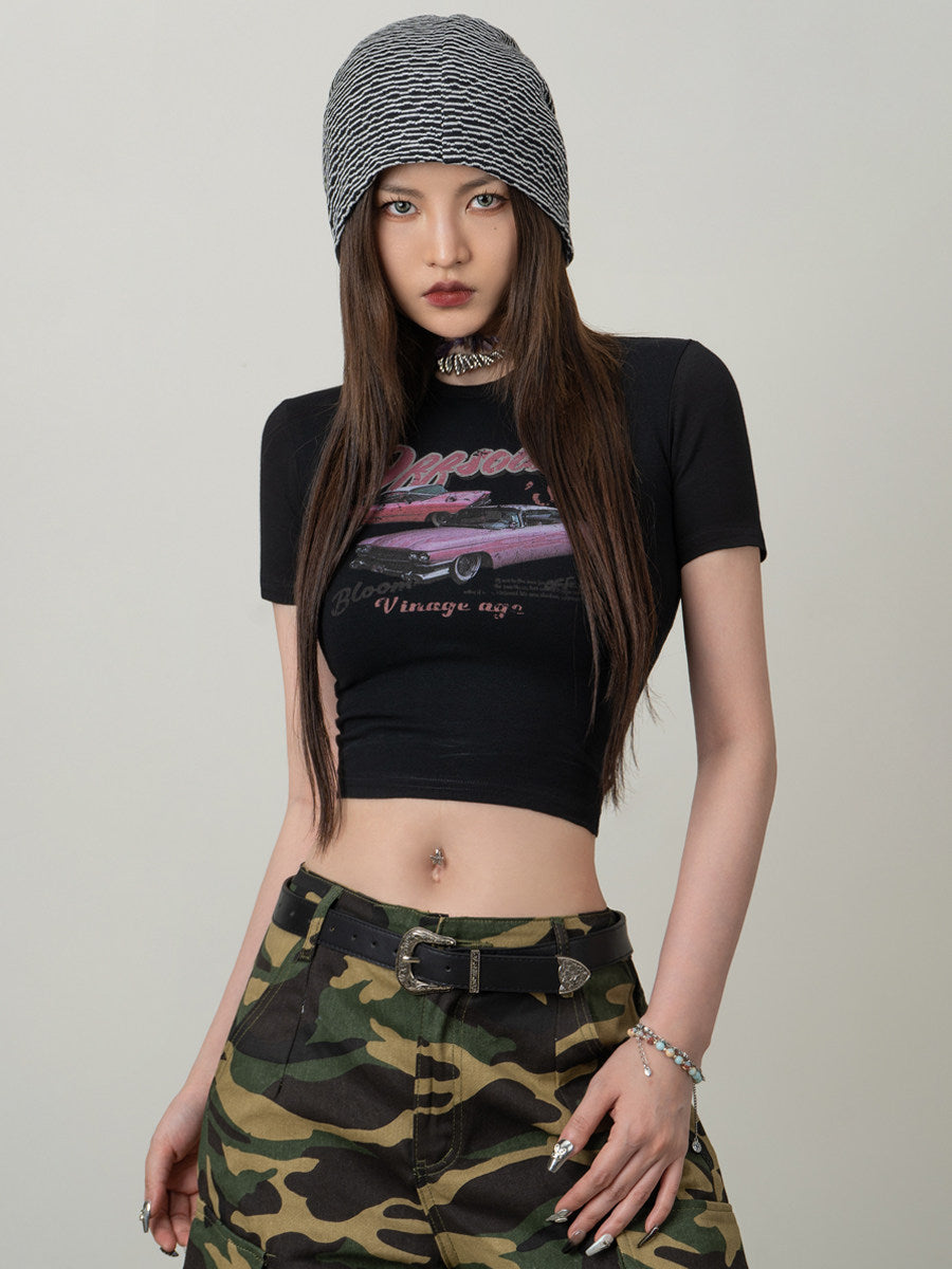 VEYBE Homemade American Retro Dream Sports Car Short Sleeve T-Shirt Women's Spring Summer 2023 Sweet Cool Top