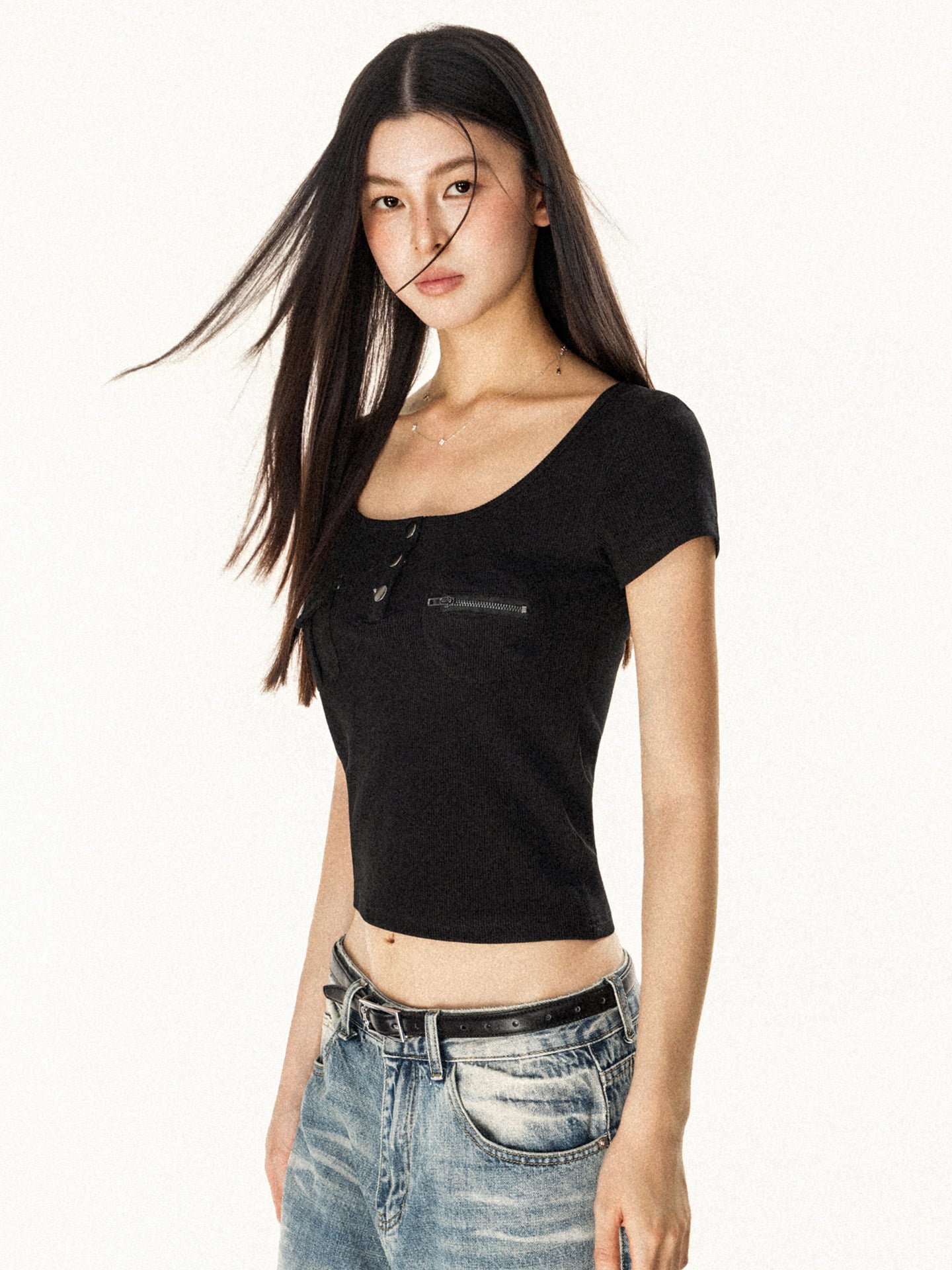 VEYBE original hot girl square neck pocket design short-sleeved T-shirt women's summer short slim slimming versatile top
