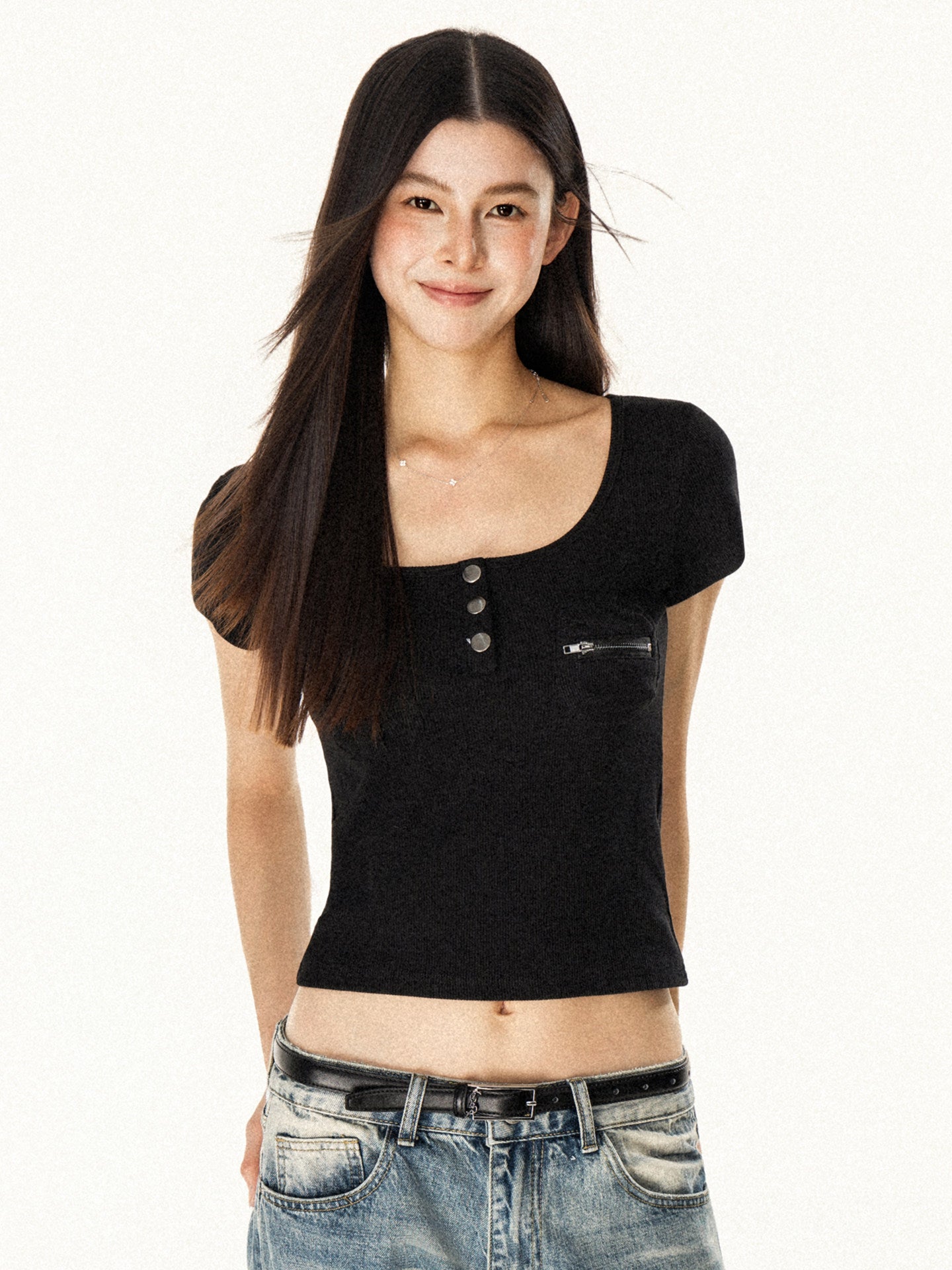 VEYBE original hot girl square neck pocket design short-sleeved T-shirt women's summer short slim slimming versatile top