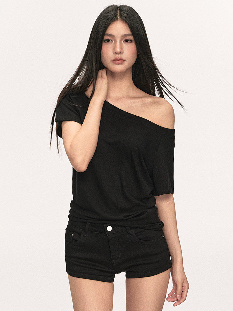VEYBE slanted shoulders off-the-shoulder t-shirt women's loose casual simple lazy pullover one-shoulder temperament top tide