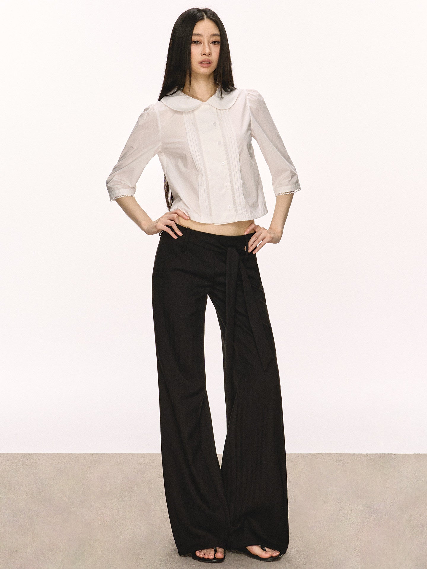 White Doll-Collar Pleated Shirt