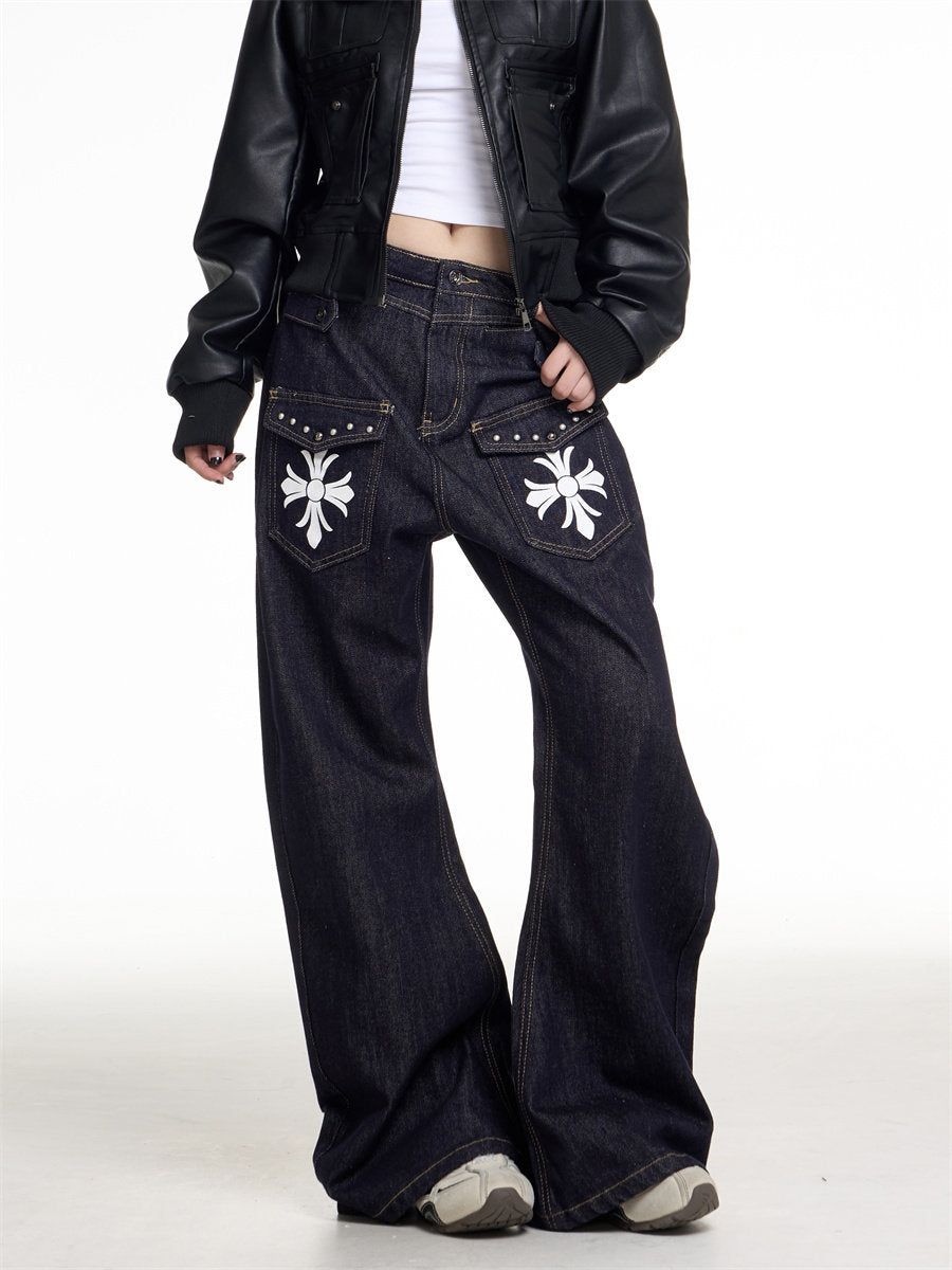 Women’s Cross Print Curved Wide-Leg Jeans