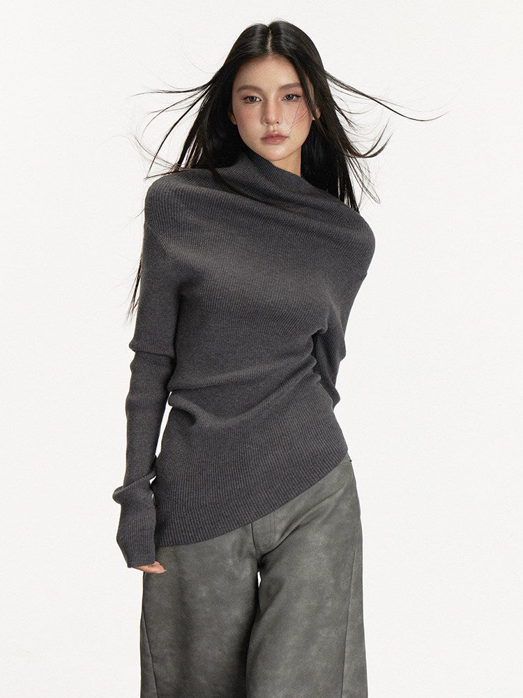 Dark Gray One-Shoulder Turtleneck Sweater