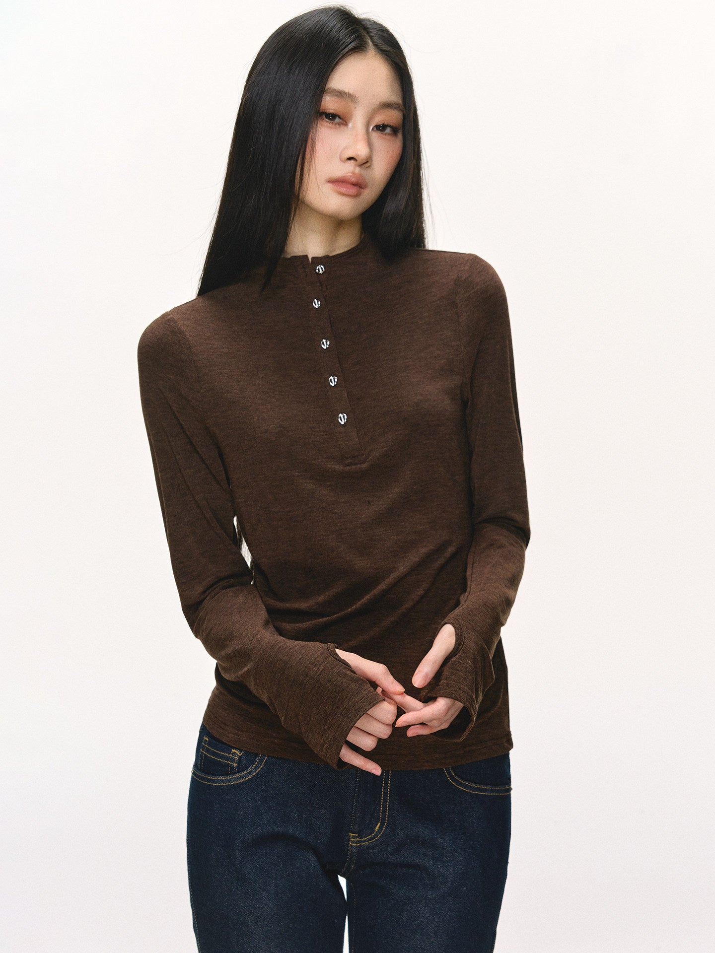 Brown Tencel Wool Henley Base Shirt