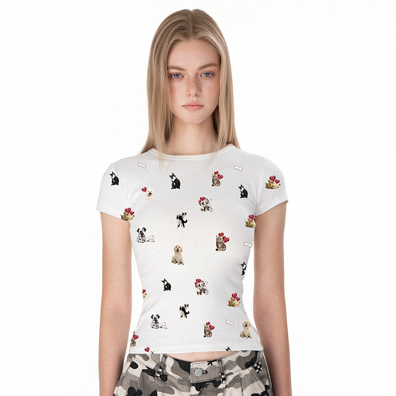 VEYBE Original American Hottie Round Neck Cat & Dog Print Short Sleeve T-Shirt Summer Cartoon Childlike Slim Top Girl