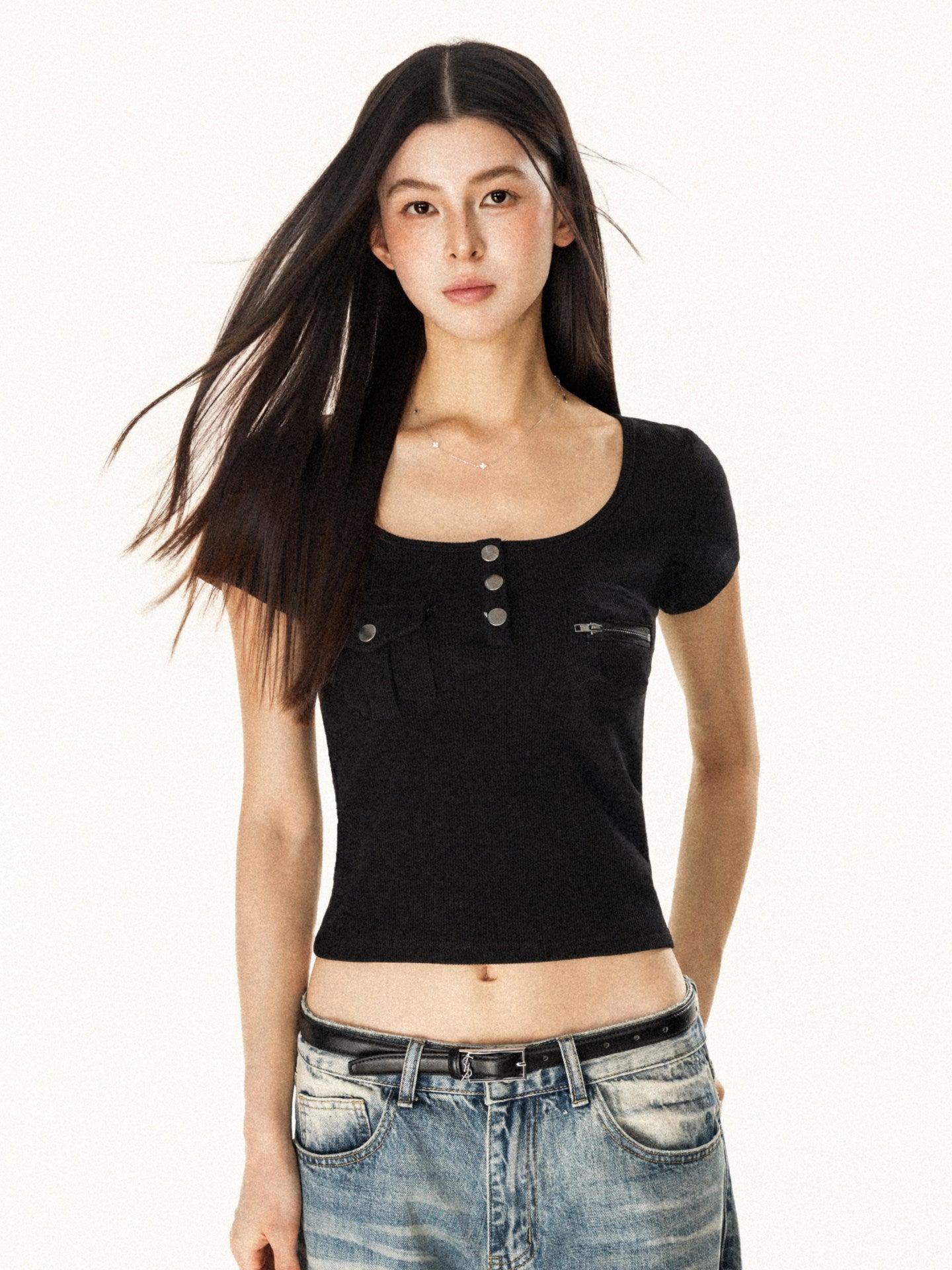 VEYBE original hot girl square neck pocket design short-sleeved T-shirt women's summer short slim slimming versatile top