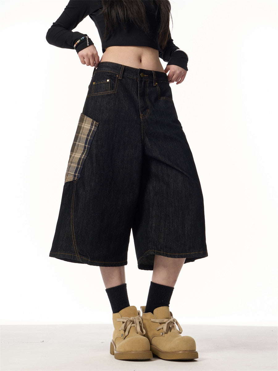 Women’s Plaid Patchwork Curved Jeans