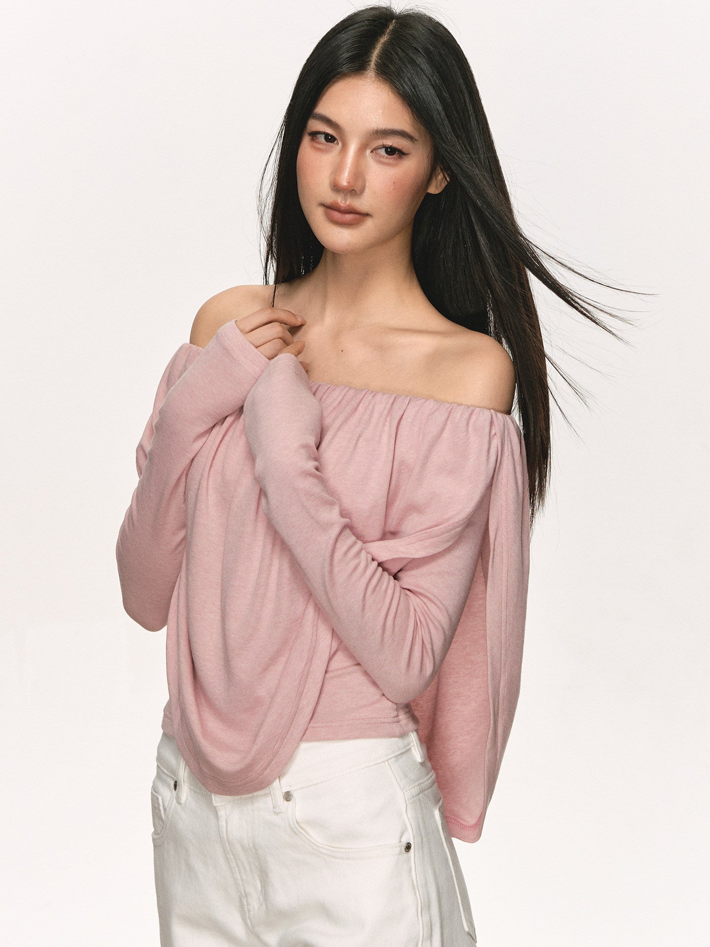Off-Shoulder Draped Pleated Tencel-Wool Top