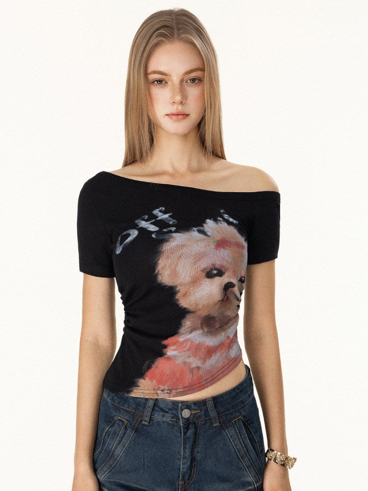 VEYBE American Babes Hand-Painted Cartoon Childlike Puppy Print Slanted Shoulder Short Sleeve T Female Summer Waist Top Tide