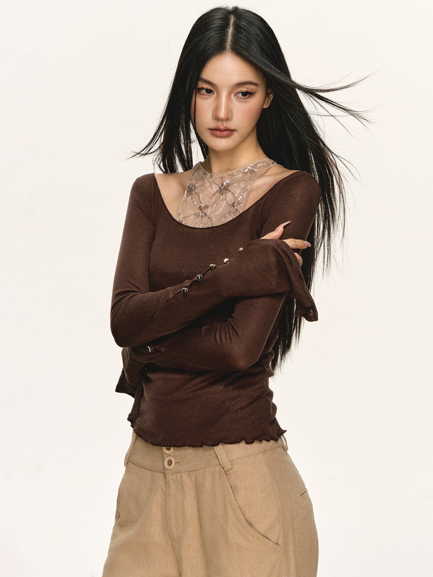 Brown Lace Tencel Wool Top