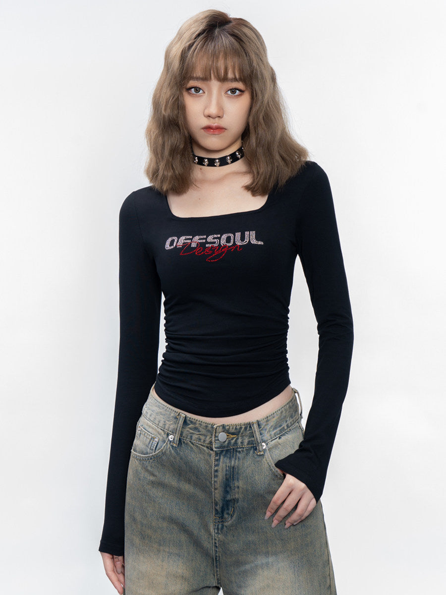 VEYBE homemade European and American hot girl LOGO stacked hot diamond square neck long-sleeved T-shirt autumn and winter new sweet and cool base top