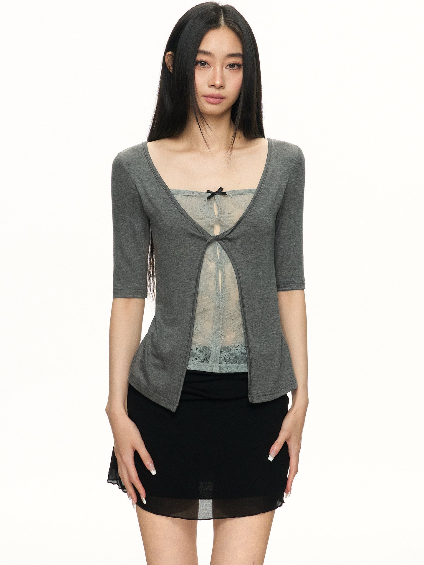 Lace Patchwork Faux Two-Piece Cardigan