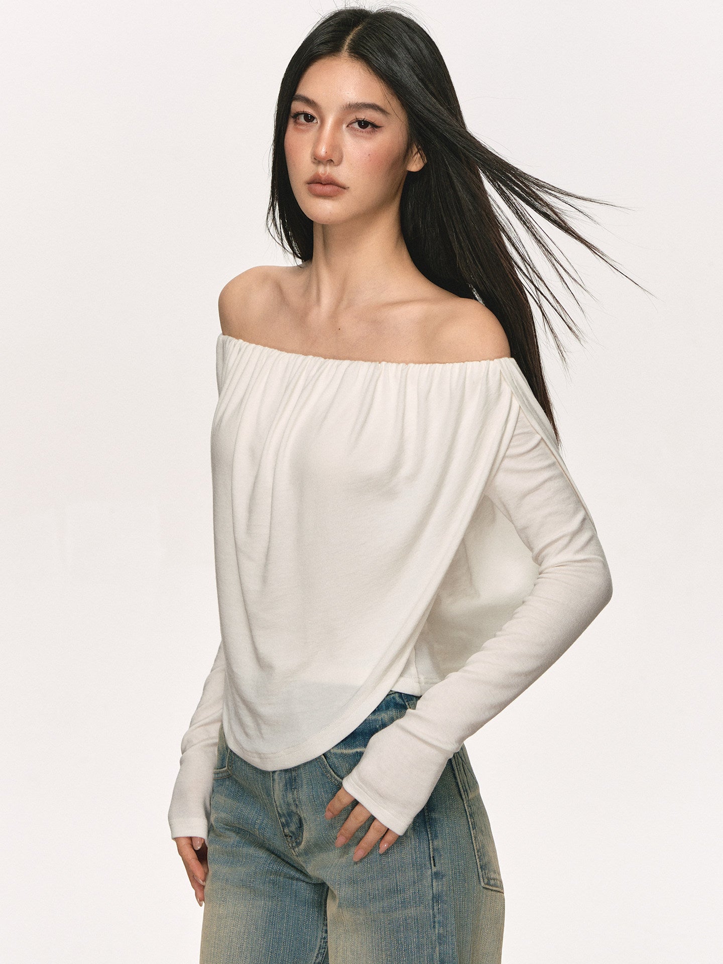 Off-Shoulder Draped Pleated Tencel-Wool Top