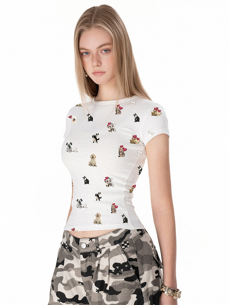 VEYBE Original American Hottie Round Neck Cat & Dog Print Short Sleeve T-Shirt Summer Cartoon Childlike Slim Top Girl