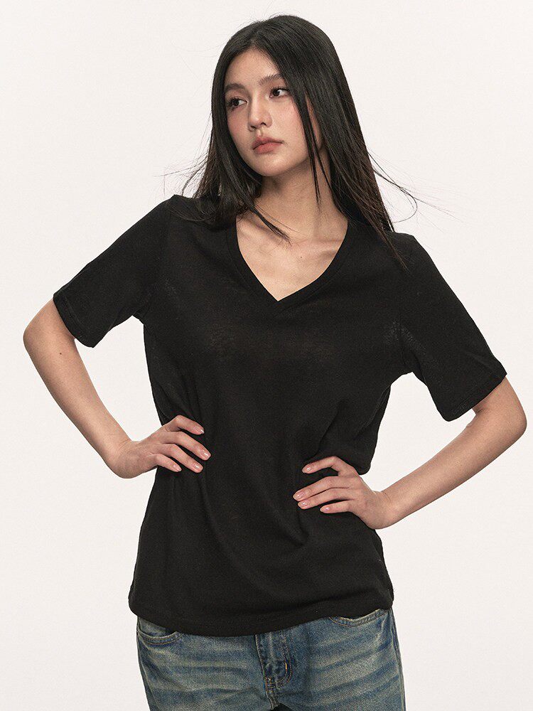 VEYBE White V-Neck Knit T-Shirt Women's Summer New Retro Temperament Short Slim Short Sleeve Top Trend
