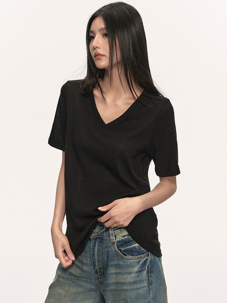 VEYBE White V-Neck Knit T-Shirt Women's Summer New Retro Temperament Short Slim Short Sleeve Top Trend