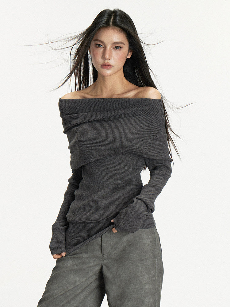 Dark Gray One-Shoulder Turtleneck Sweater