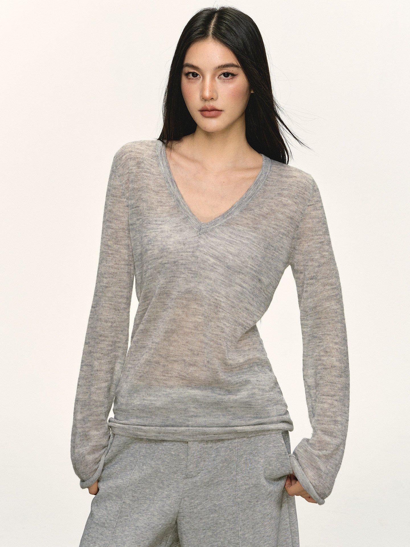 Gray V-neck Alpaca Wool Top