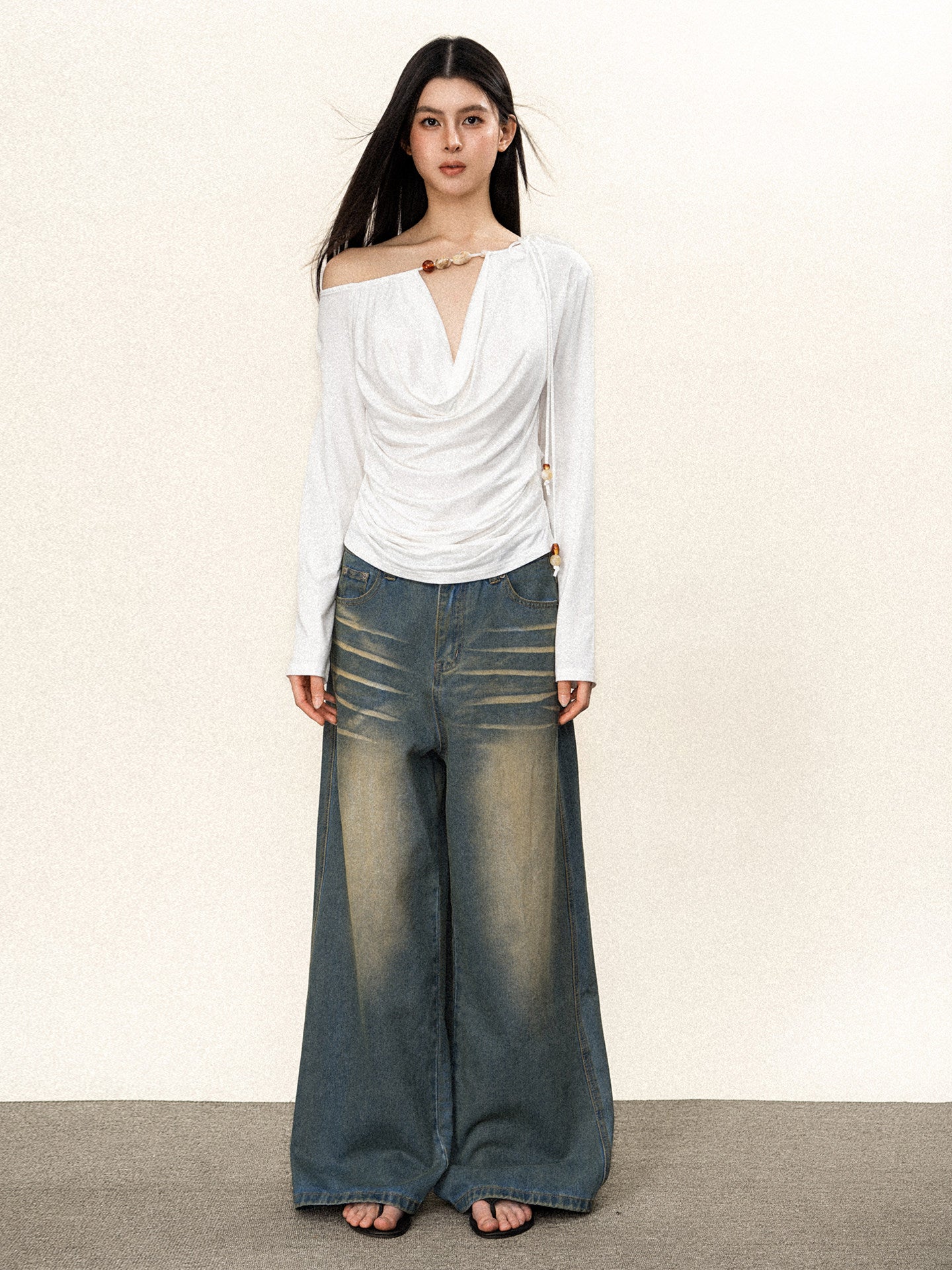 Sexy Cross Tie Beaded Long Sleeve Top Women Edgy Style