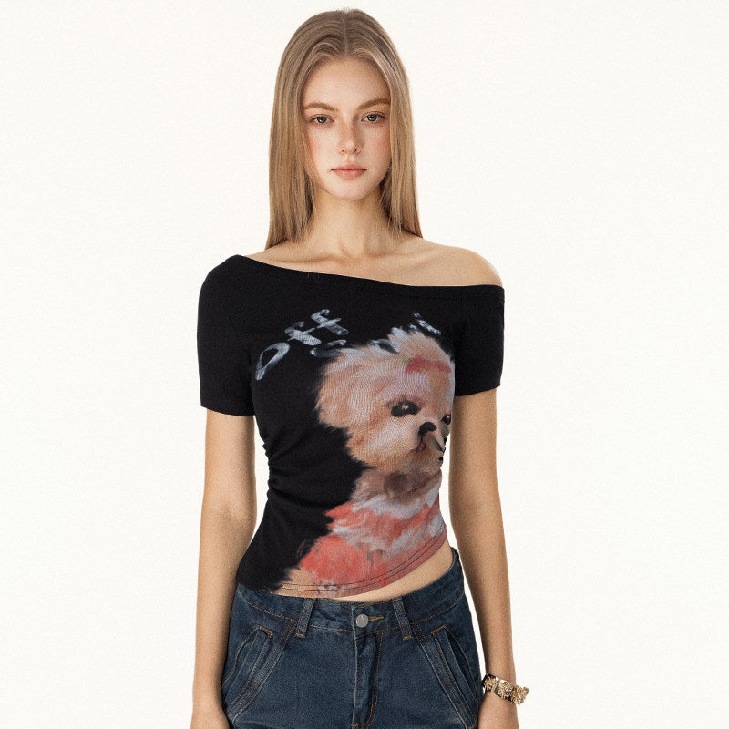 VEYBE American Babes Hand-Painted Cartoon Childlike Puppy Print Slanted Shoulder Short Sleeve T Female Summer Waist Top Tide